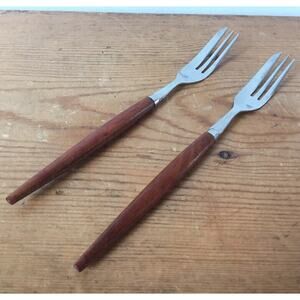 Pair Vtg Mid Century Dutch Stainless Pastry Forks Canoe Muffin Teak Wood Handles